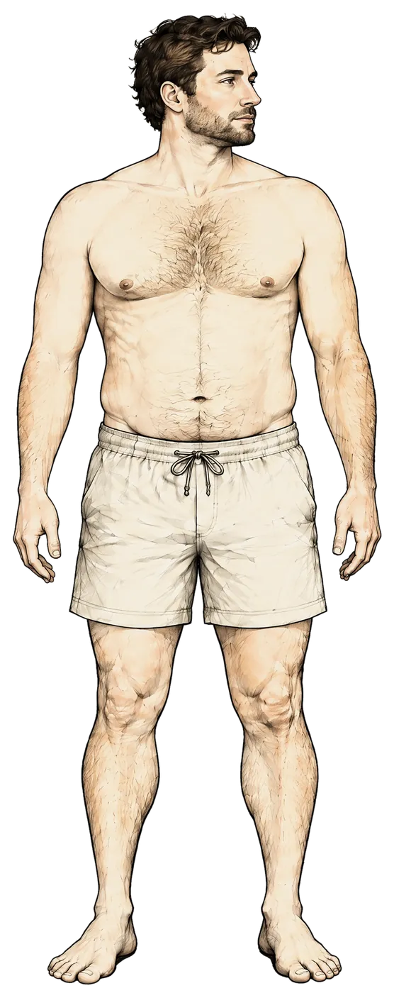 A man in shorts, drawn in ink with soft colour: an ordinary build, not a model, standing on a rise with the sun behind him.